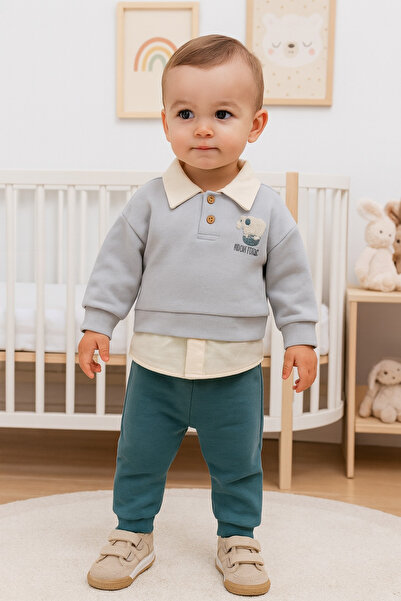 dinamik çocuk Baby Boy Elephant Embroidered Polo Collar Top and Bottom Set 2-...