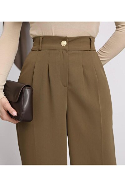 Moda Banuş Women's Gold Buttoned Casual Pleated Palazzo Latina Flowy Trousers