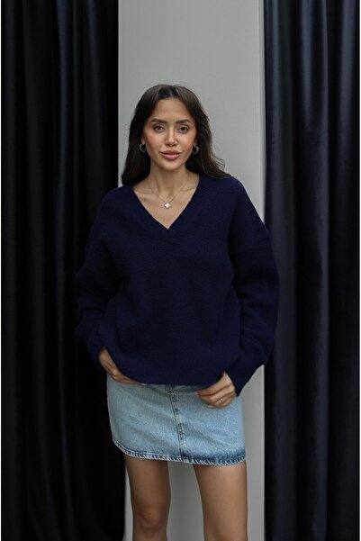 Havoş Navy Blue V-Neck Soft Textured Sweater