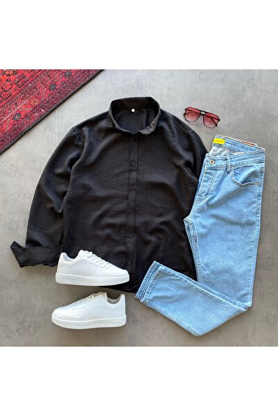 THANBUTİK Crinkle Linen Shirt and Slimfit Jeans 2-Piece Set