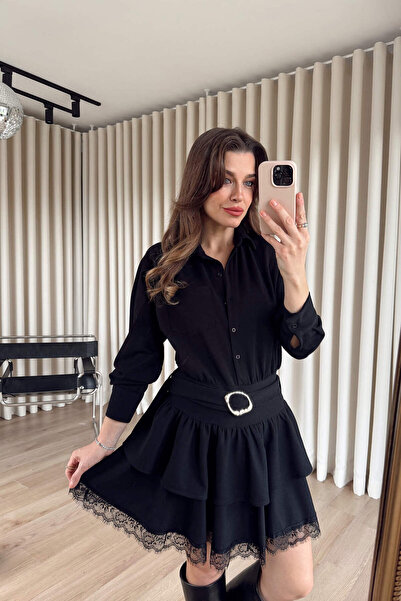 Sue Store Black Skirt Dress with Lace Detail and Shirt Collar Belt