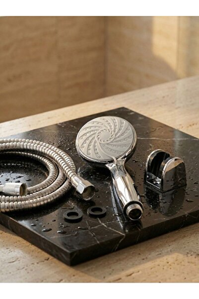 Öztürk Krom Duş Seti Çift Kenetli Hortum + Yüksek Basınçlı Duş Başlığı + Askı...