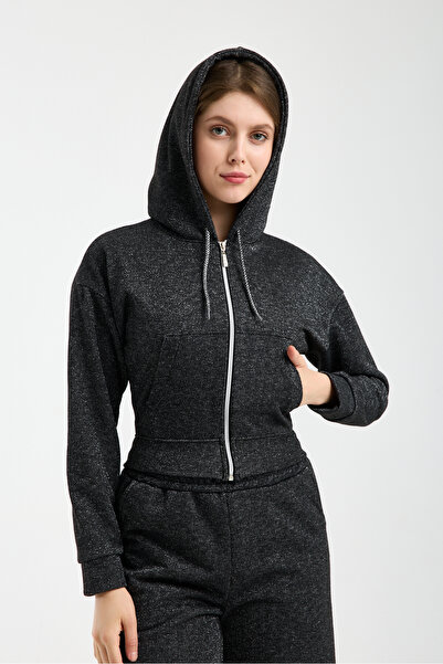 3 ROPE Trening de damă cu fermoar superior, din țesătură cu sclipici argintiu