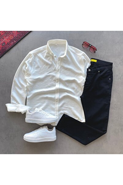 THANBUTİK Crinkle Linen Shirt and Slimfit Jeans 2-Piece Set