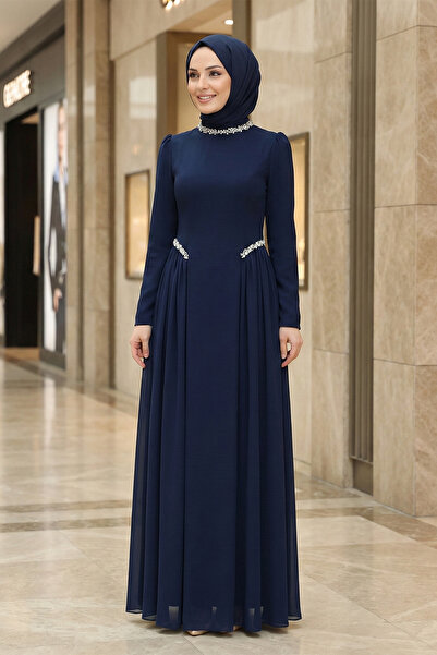 FERHEL Women's Lined Crepe Hijab Evening Dress with Stone Collar and Waist, T...