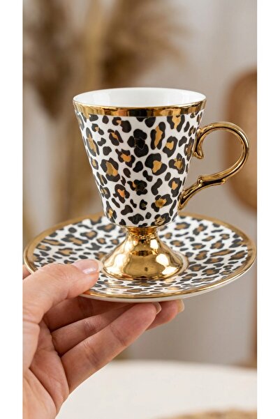 Elta Collection Leopard Patterned Porcelain Coffee Cup Set for 6 People – Gol...