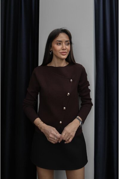 Havoş Brown Asymmetrical Gold Buttoned Sweater