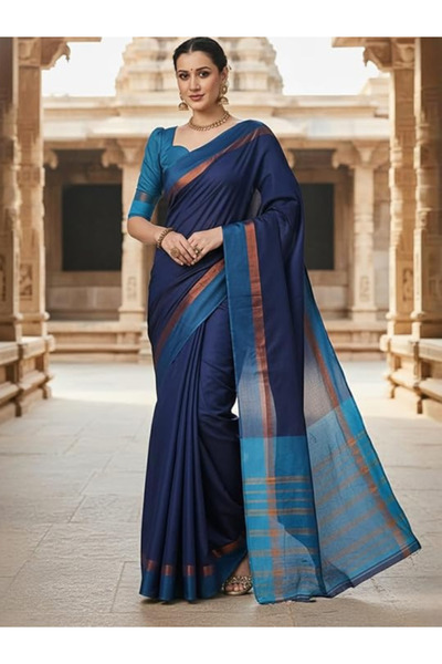 MYSMAR Blue Cotton Silk Saree Set - FFT5248 | Blue