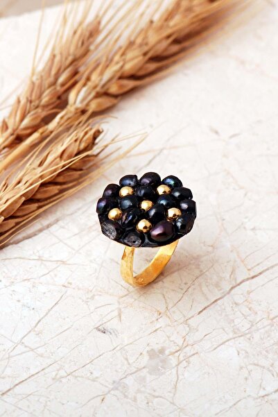 Sümer Telkari Siyah İnci Taşlı Altın Yaldızlı 925 Ayar Gümüş Ayarlanabilir Yü...