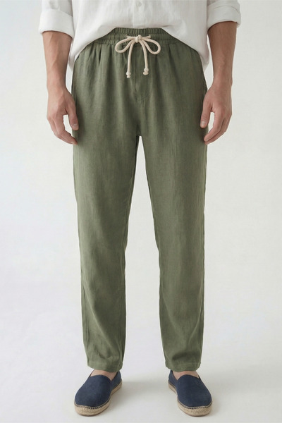 Veleno Men's Palazzo Trousers Khaki Wide Leg High Waist with Back Pockets