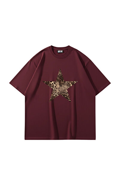 Sekizbiraltı Starz Leopard Printed 24/1 Oversize Unisex Claret Red Tshirt
