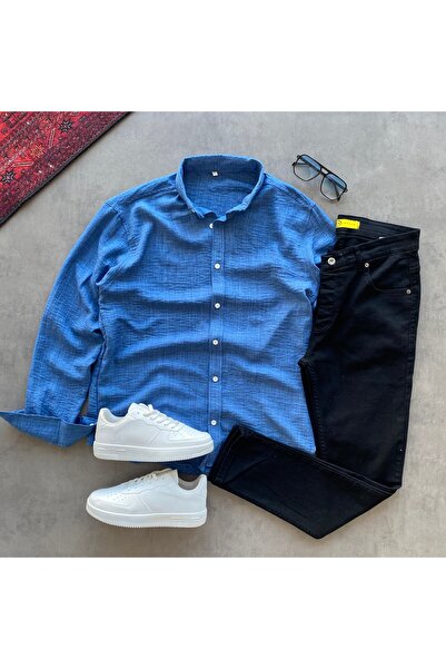 THANBUTİK Crinkle Linen Shirt and Slimfit Jeans 2-Piece Set