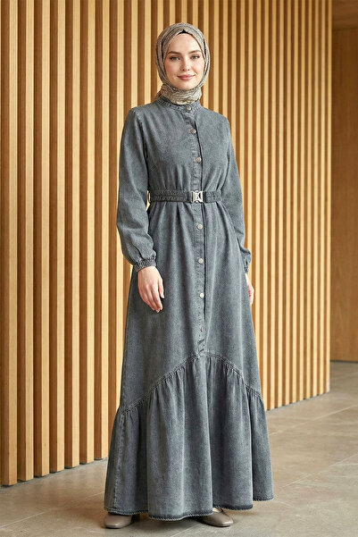 FERHEL Women's Rubber Belted Buttoned Long Hijab Denim Dress - Smoked
