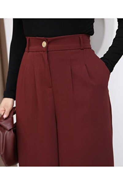 Moda Banuş Women's Gold Buttoned Casual Pleated Palazzo Latina Flowy Trousers