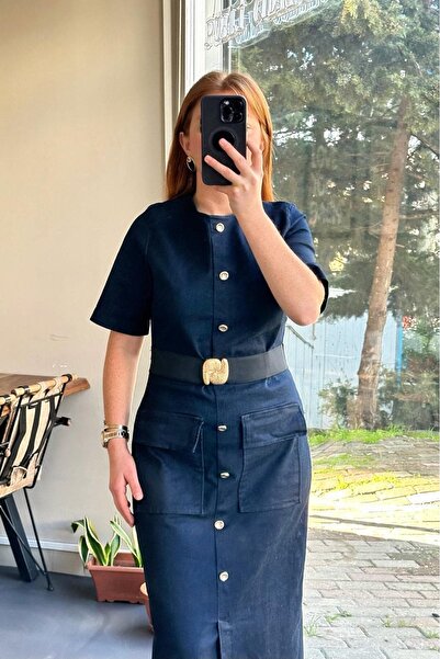 Pulli Collection Belt Detailed Buttoned Midi Length Navy Blue Denim Dress