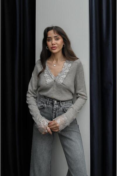 Havoş Mink Buttoned Cardigan with Lace Detail