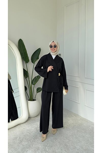 Molly Nelly Γυναικεία μπλούζα κιμονό με λεπτομέρεια αγκράφας και φαρδύ παντελόνι