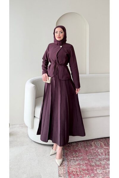 Molly Nelly Kadın Tek Düğmeli Bağcıkllı Ceket Pliseli Etek Takım