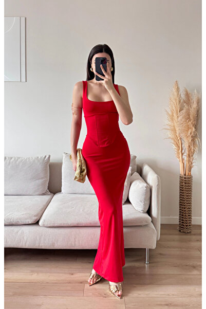 Zoom Butik Bel Korse Kare Yaka Elbise - KIRMIZI