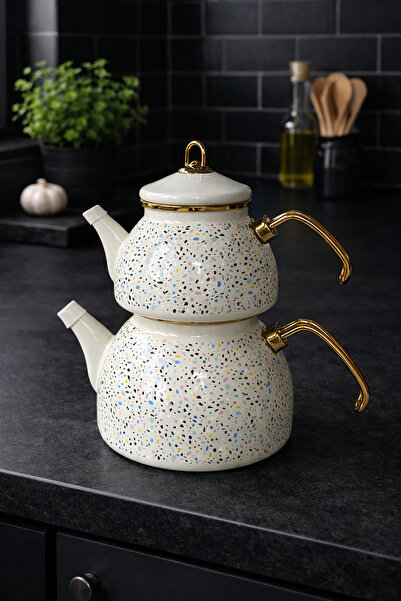 CookaHome Emaye Çaydanlık Takımı – 2,3 L Suluk + 1,1 L Demlik | Gold Detaylı