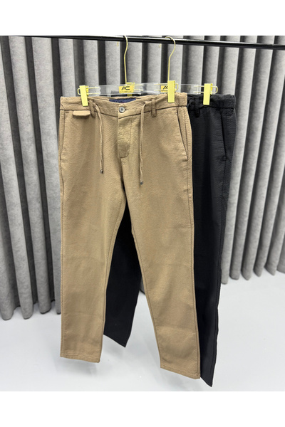 Avni Ceylan Men's Premium Textured Stylish Fabric Trousers with Elastic Waist