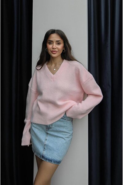 Havoş Candy Pink V-Neck Soft Textured Sweater