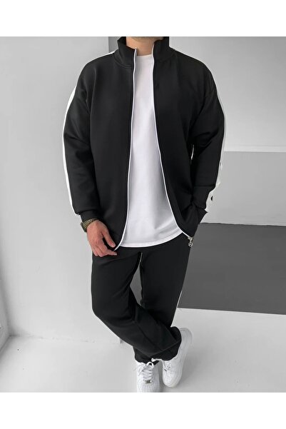 comstar Men's Striped Zippered Sweatshirt Loose Tracksuit Black Two-Piece Set