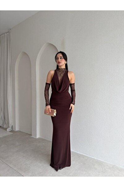 Rabia Çelik Kadın Degaje Yaka Eldivenli Sırtı Komple Dantel Detaylı Acı Kahve...