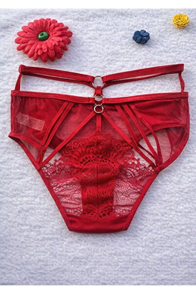 Bee Glow Women's Red Panties High Waist Ring Detailed Lace