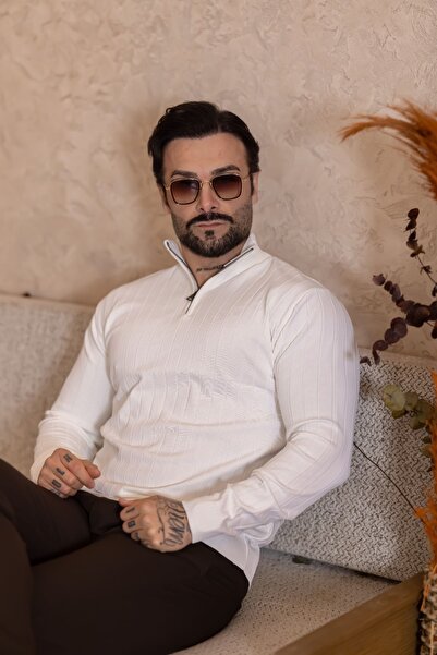 VALERİO MEN Dik yaka fermuar detay fitilli triko