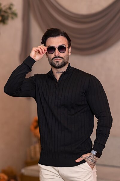 VALERİO MEN Dik yaka fermuar detay fitilli triko