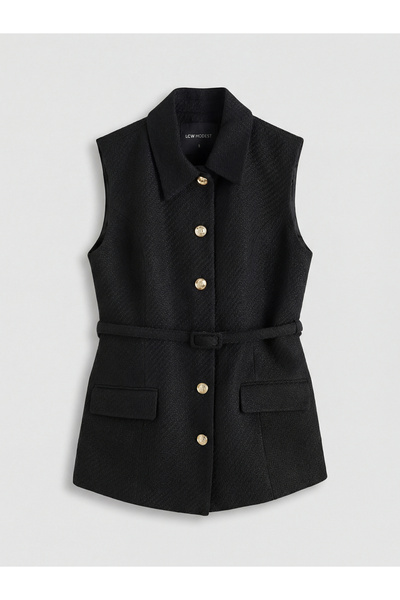LC Waikiki Black Shirt Collar Women's Tweed Classic Vest