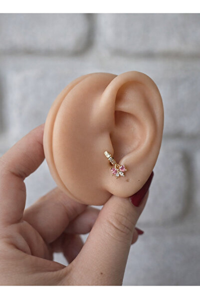 alysa jewelry Cerrahi Çelik Zirkon Taşlı Halka Fiyonk Figürlü Pembe Tragus Pi...
