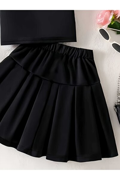 uyguntarz Butterfly Detailed Girls' 2-Piece T-Shirt Pleated Skirt Set