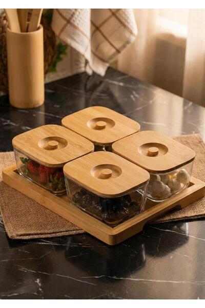 HomeTarz Glass Breakfast Set with Bamboo Lid 9 Pieces 4X200 ml