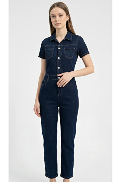 cemo Kadın Denim Gömlek Yaka Kısa Kollu Düğmeli Tulum