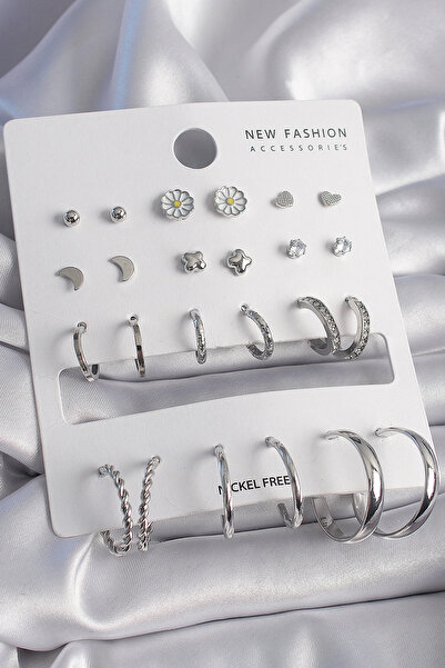 Nacario Mey imports ®   Brass silver color daisy detailed 12 pairs women's ea...