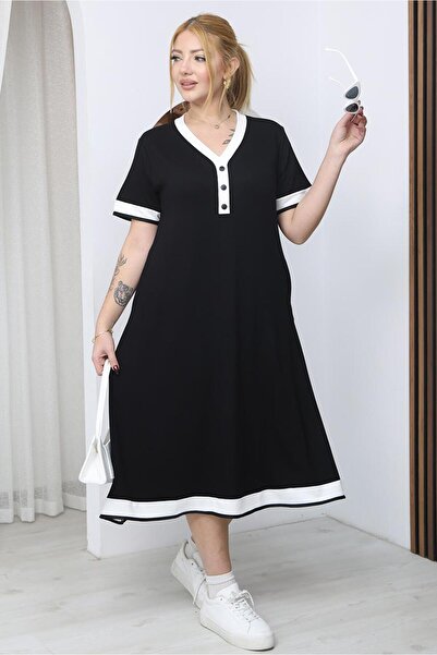 Siyezen Plus Size V-Neck Buttoned Basic Dress