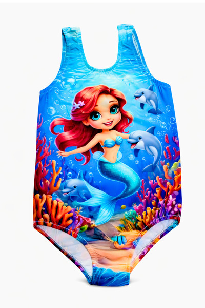 Papiş Girls' Swimsuit Mermaid Dolphin Printed Comfortable Quick Drying Swimwe...