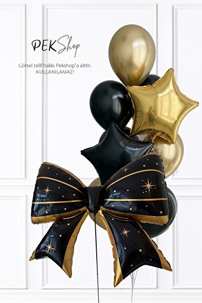 PEKSHOP Siyah Gold Fiyonk Folyo Balonlu Gold ve Siyah Tema Balon Seti Set235