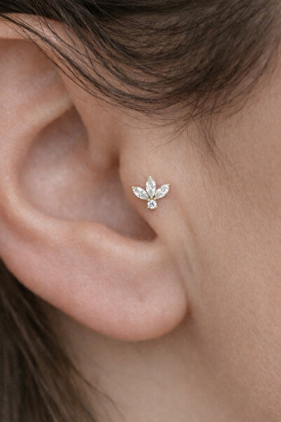 alysa jewelry Cerrahi Çelik Zirkon Taşlı Arkası Düz Tragus Helix Piercing 6 mm