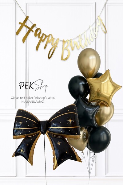 PEKSHOP Happy Birthday Banner with Black Gold Bow Foil Balloons Gold and Blac...