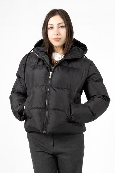 LA PANTE Women's Coat Inflatable Women's Coat Black Short Hooded Crop Seasona...