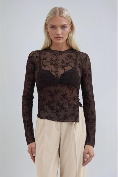 Lijuri Floral Printed Tulle Blouse with Side Slits 8053