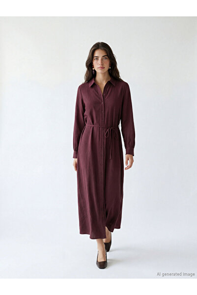 LC Waikiki فستان قميصي من مجموعة إلسيفا بلون أحمر داكن مع حزام