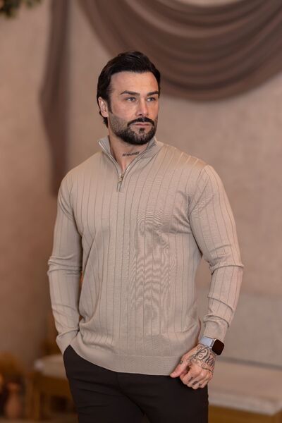 VALERİO MEN Dik yaka fermuar detay fitilli triko