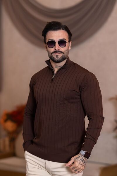 VALERİO MEN Dik yaka fermuar detay fitilli triko