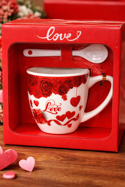BC Sevgililer günü Love kalpli ayıcıklı güllü kupa bardak seti kaşıklı kutulu...