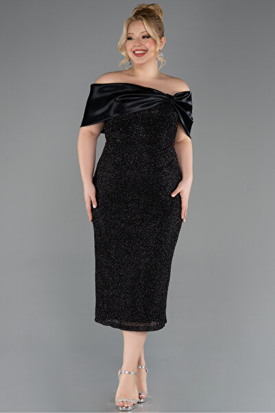 Abiyefon Siyah Kayık Yaka Midi Boncuklu Büyük Beden Abiye ABK2509