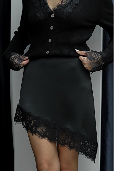 Havoş Siyah Asimetrik Dantelli Mini Etek